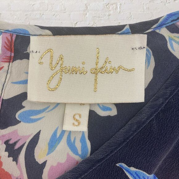 Yumi Kim Shacara Silk Blouse S Floral Crochet Trim Cinched Waist V-Neck - Picture 13 of 16